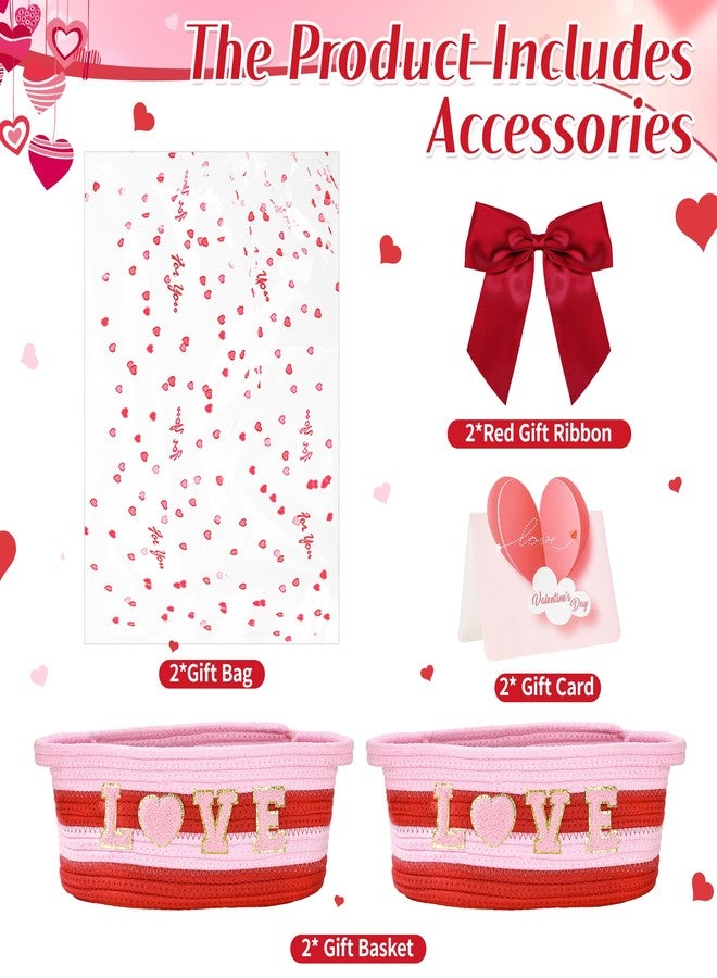 Vynium 2 Set Valentine Day Woven Gift Basket Empty, Red Small Woven Basket Gift Set with Bow, Greeting Card, Heart Tissue Paper, 12''x 8''x 5'' Red Gift Basket with Handles for Wedding Birthday Home Decor - Image 3